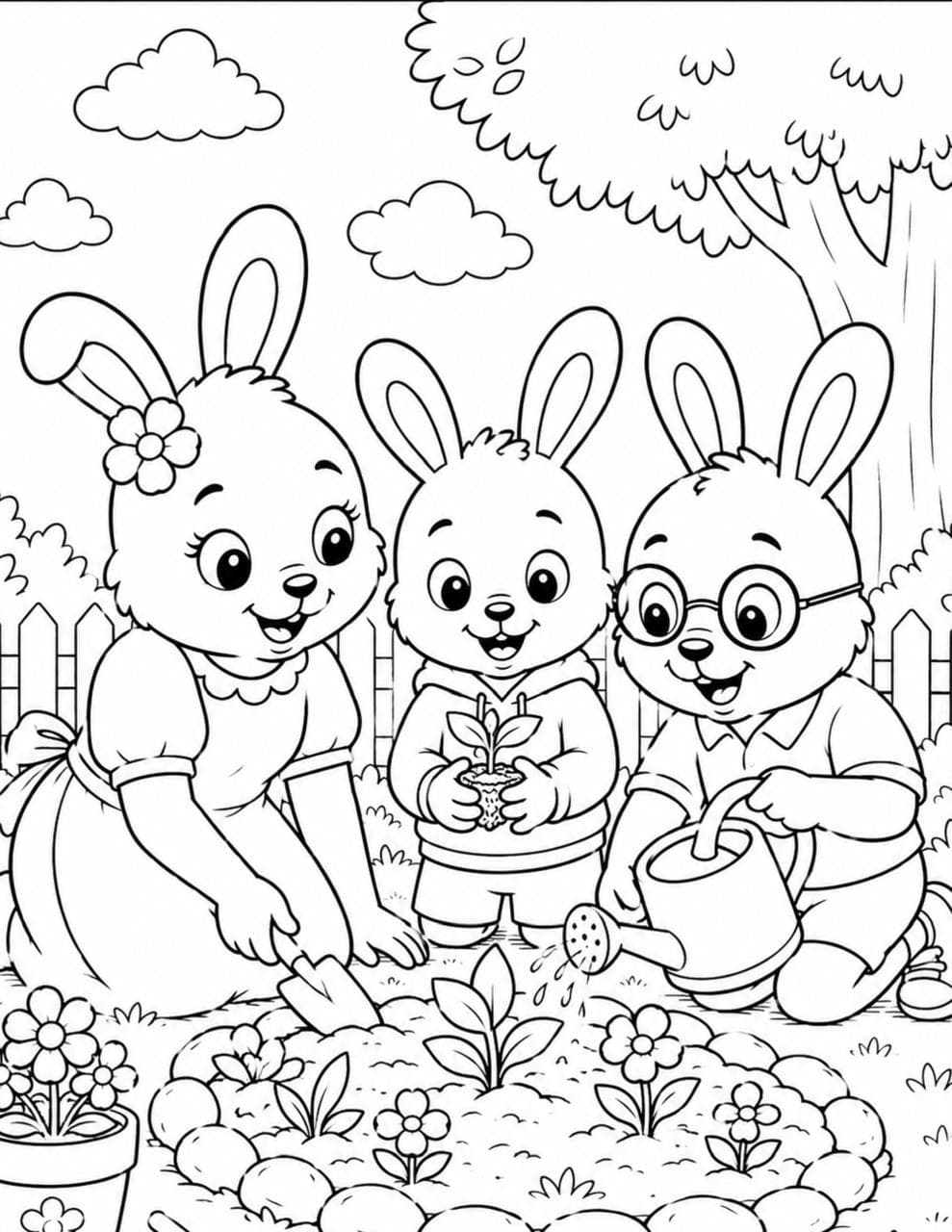 Boomza gardening with his family colouring page
