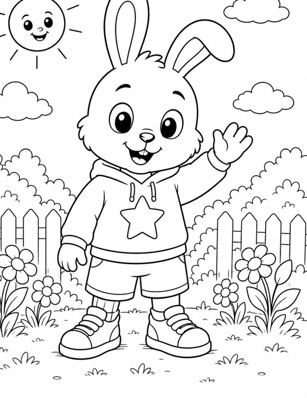 Boomza waving from the garden colouring page